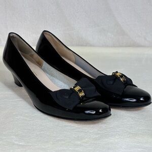 Salvatore Ferragamo Black Patent Leather Bow Pumps